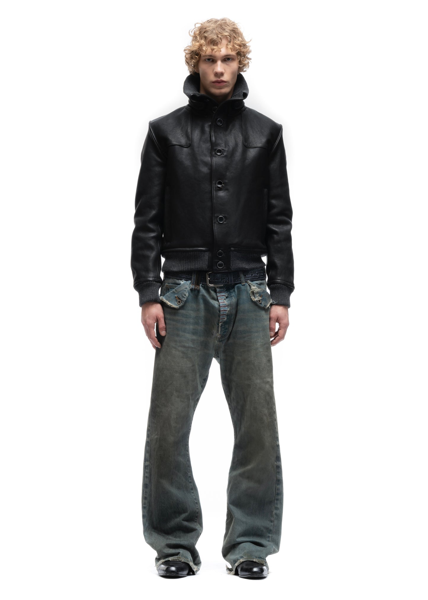 COLLAR UP BUTTON LEATHER JACKET BLACK