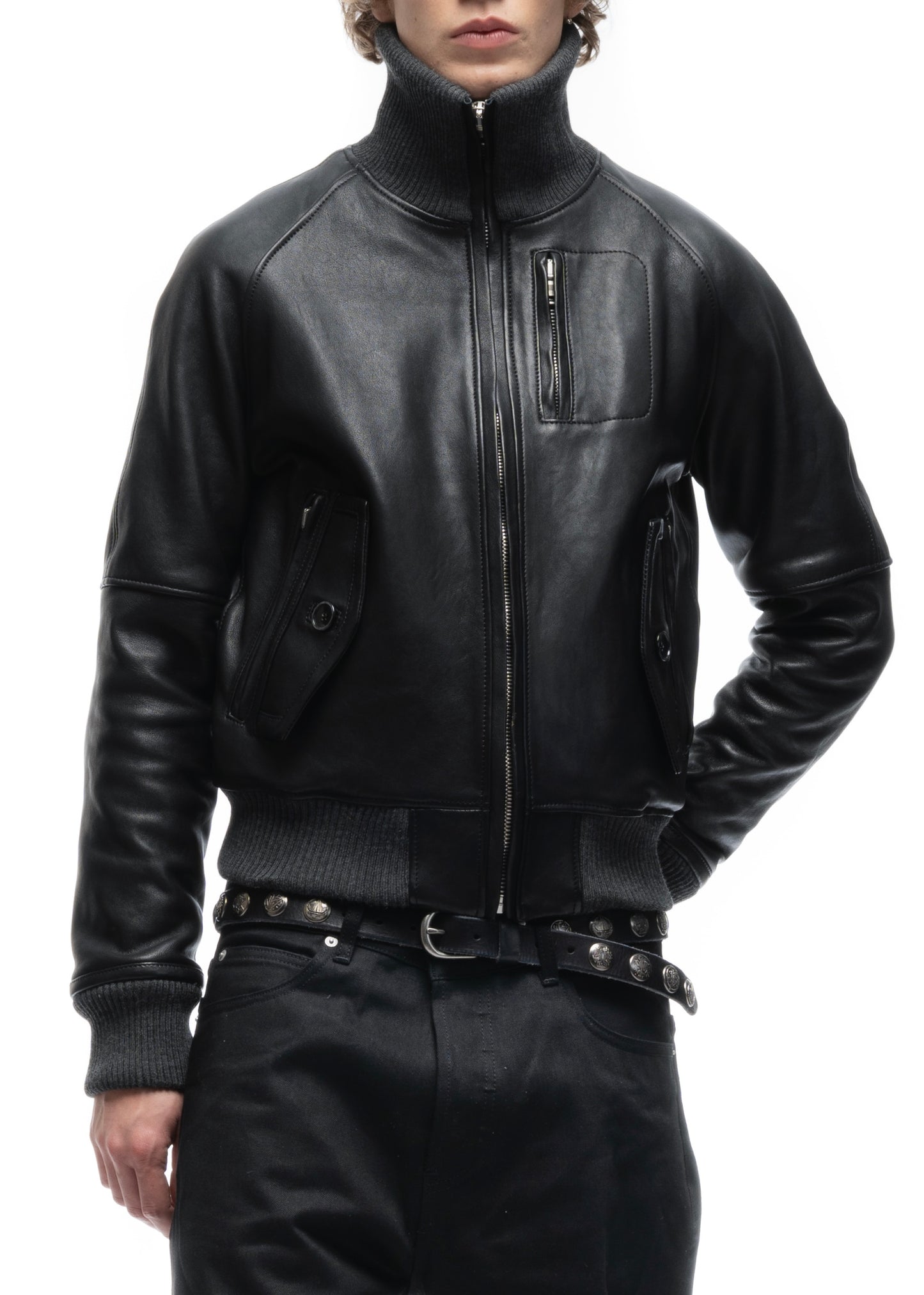 BIKER HIGH COLLAR ZIP LEATHER JACKET