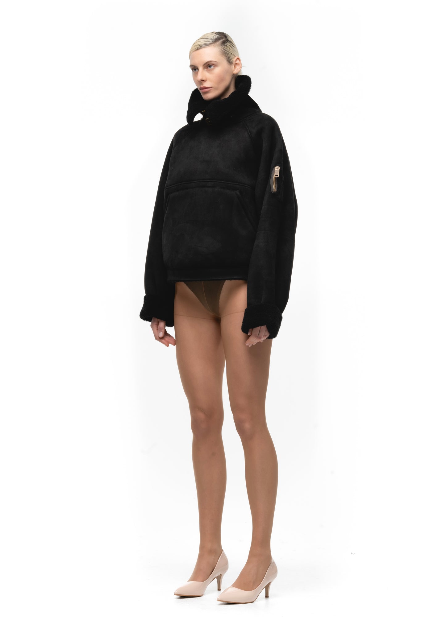 HEAVY FLIGHT SHEARLING HOODIE BLACK WOMEN'S CUT