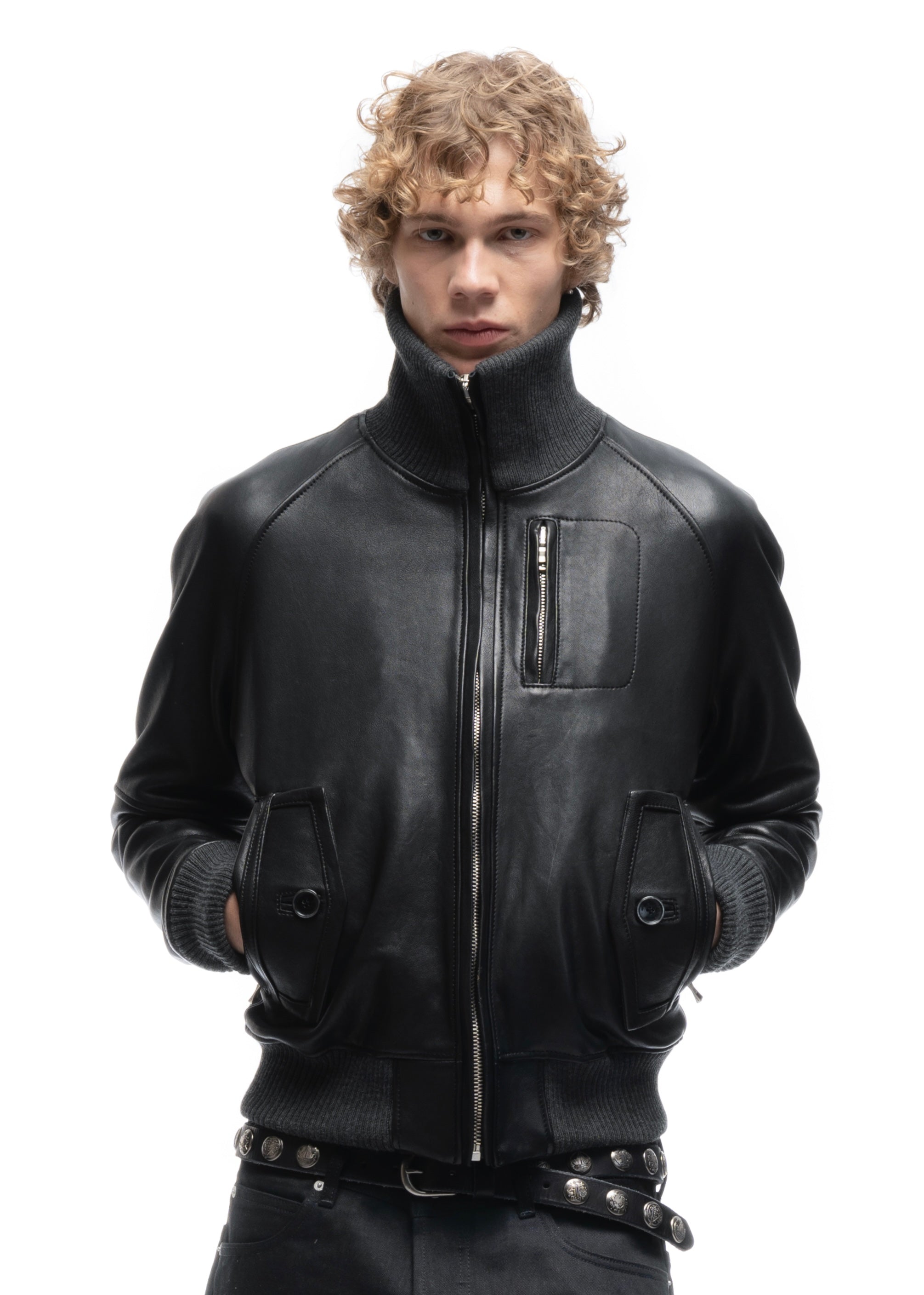BIKER HIGH COLLAR ZIP LEATHER JACKET – NO/FAITH STUDIOS