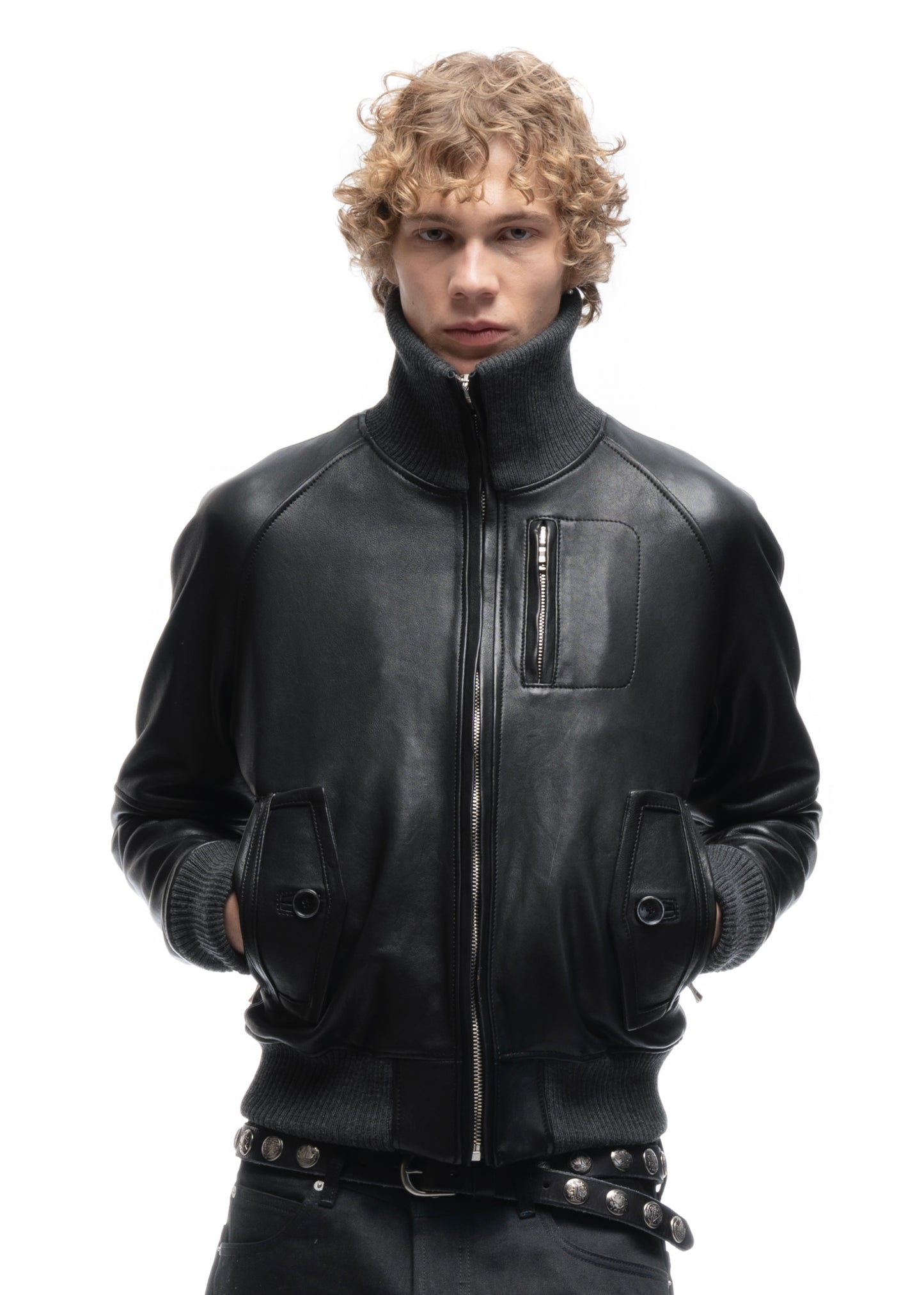 BIKER HIGH COLLAR ZIP LEATHER JACKET