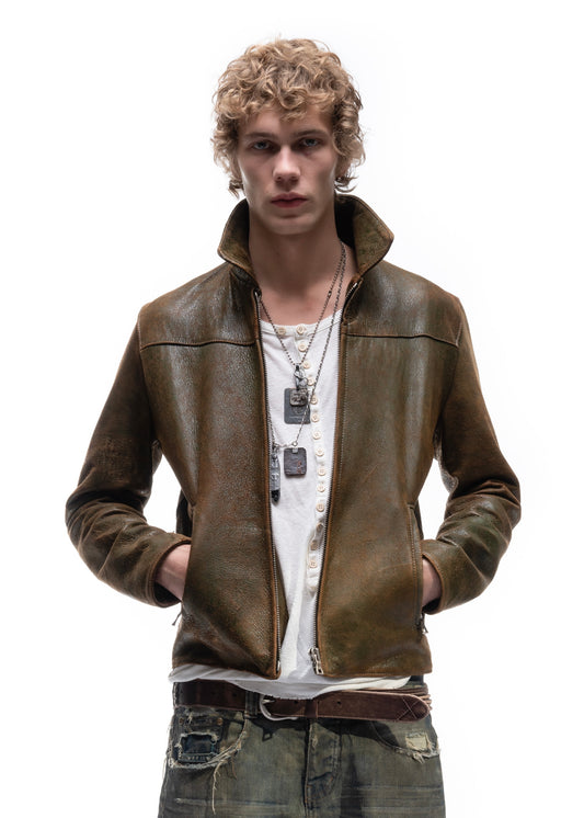 BIKER ONE CUT LEATHER JACKET USED GREEN