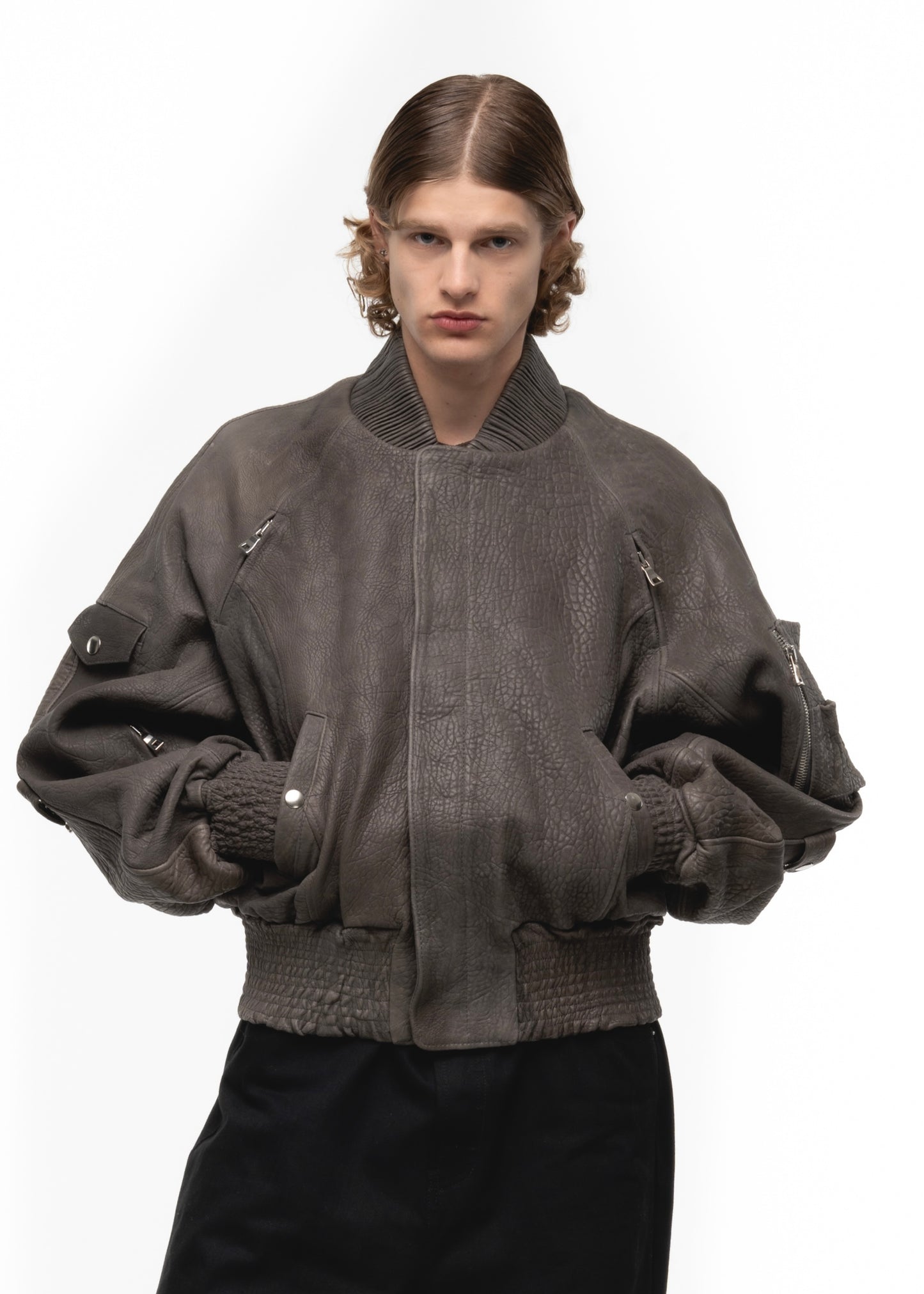 GREY DRIED CONCRETE LEATHER BOMBER