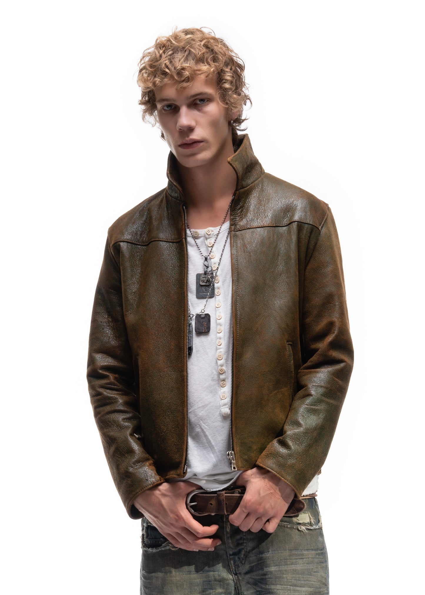 BIKER ONE CUT LEATHER JACKET USED GREEN