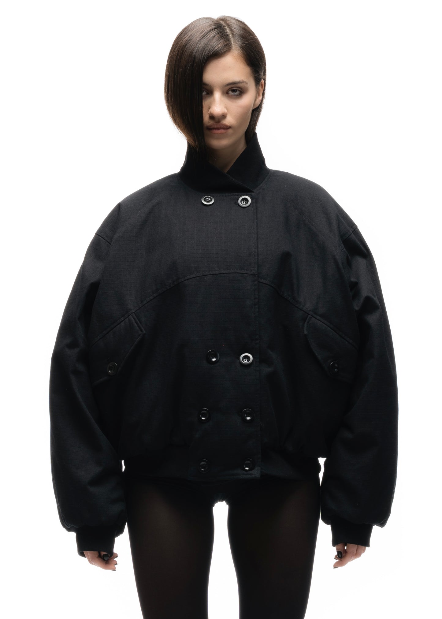 DOUBLE BUTTON BOMBER JACKET STRUCTURED BLACK FEMALE
