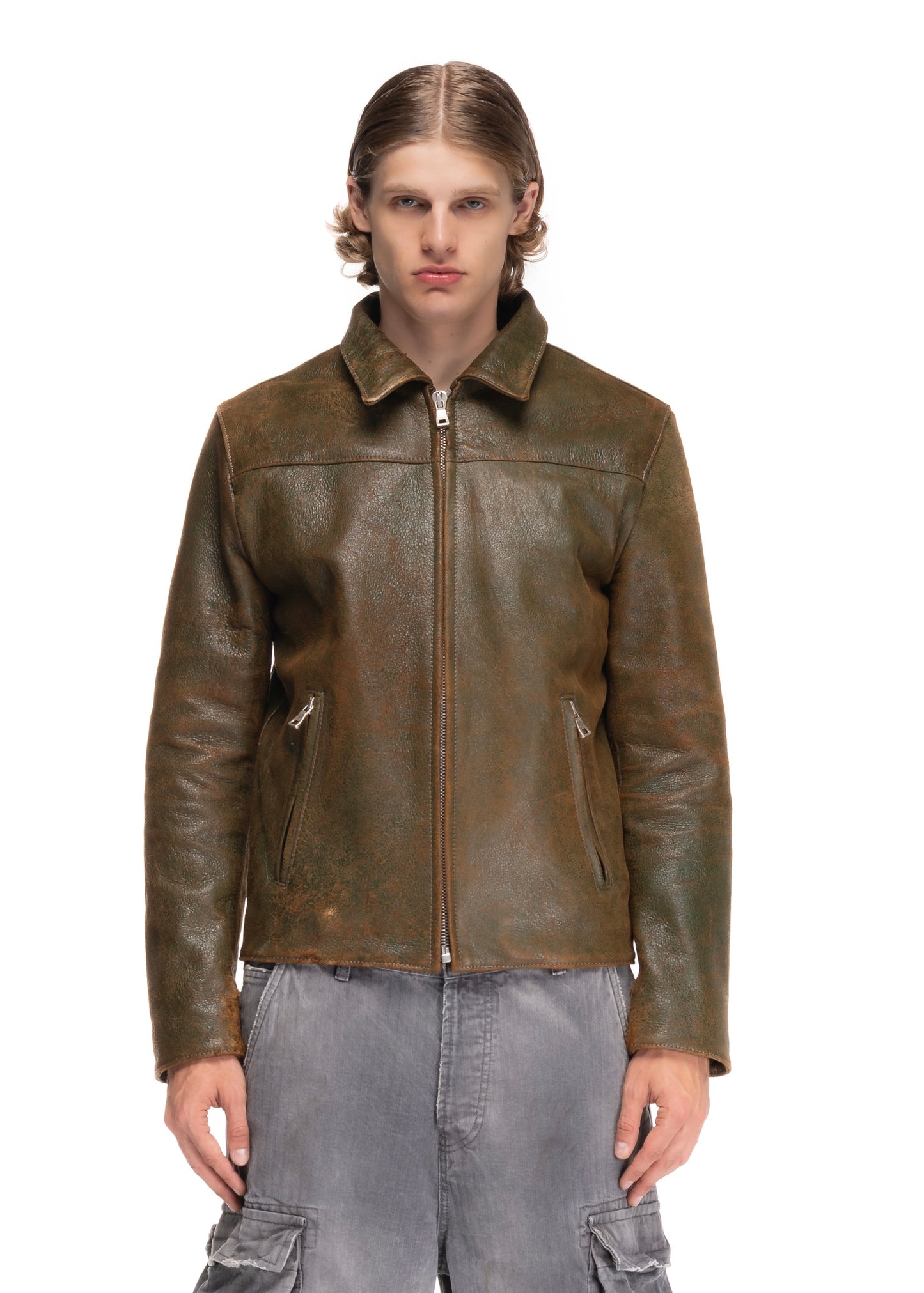 BASIC CUT LEATHER JACKET USED GREEN 002