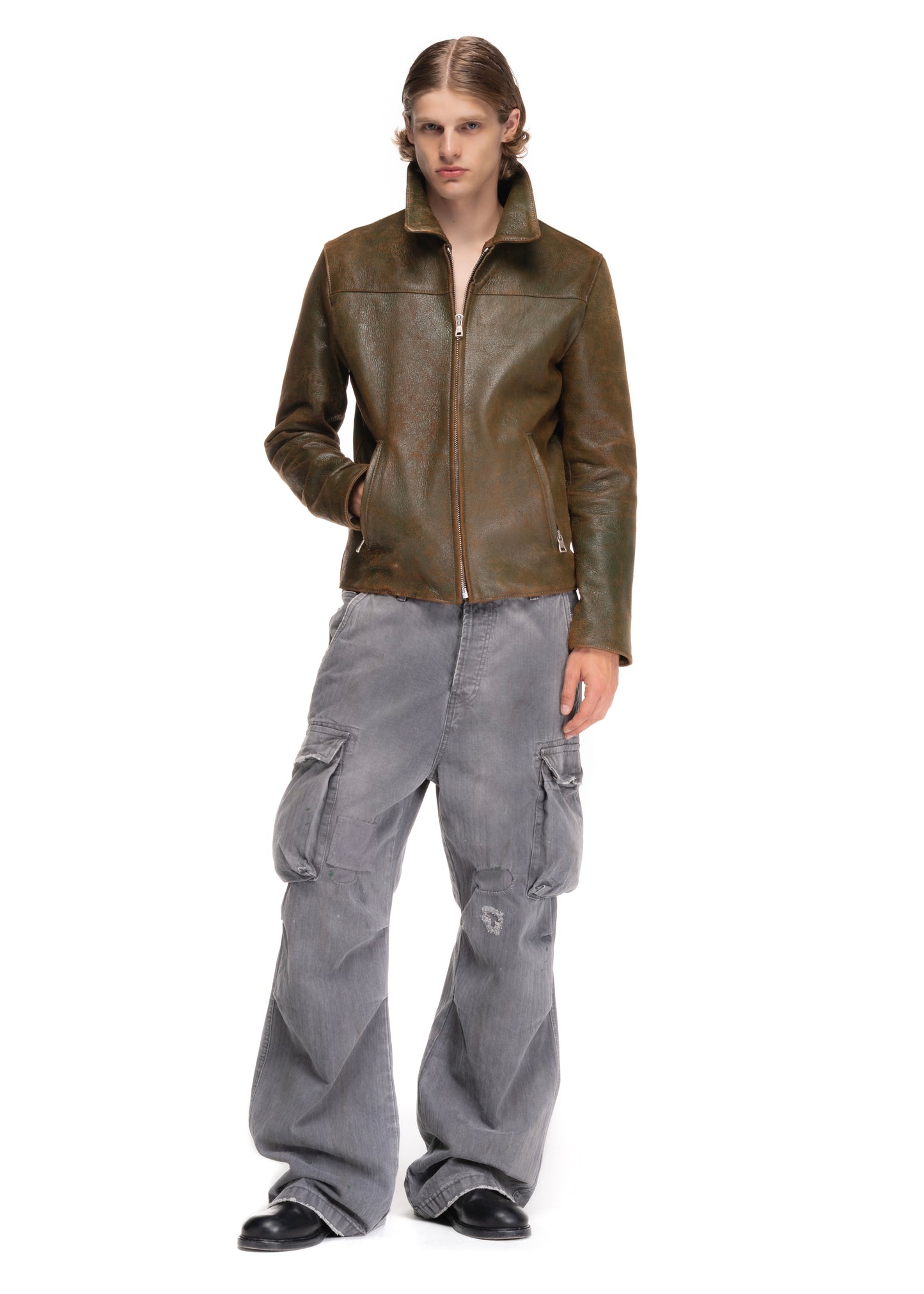 BASIC CUT LEATHER JACKET USED GREEN 002
