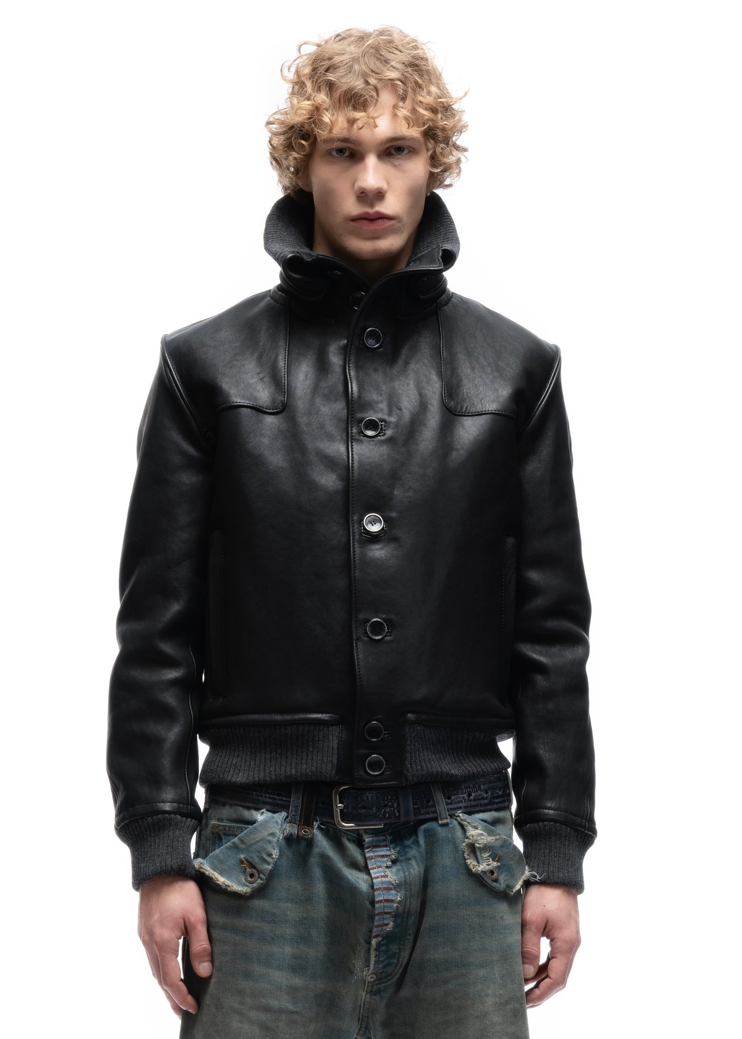 COLLAR UP BUTTON LEATHER JACKET BLACK