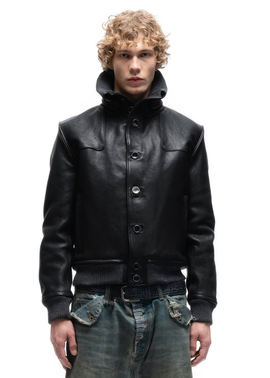 COLLAR UP BUTTON LEATHER JACKET BLACK