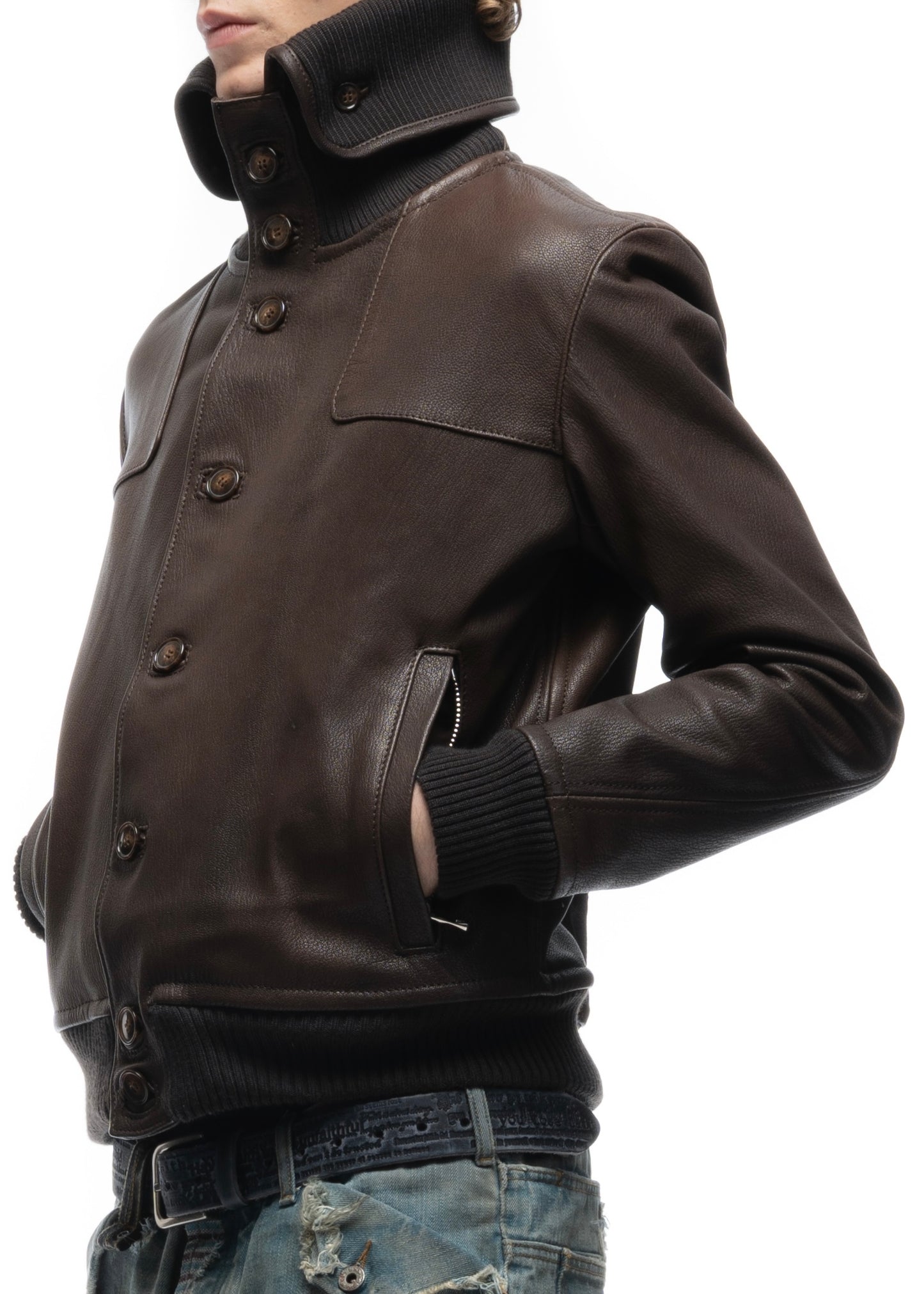 COLLAR UP BUTTON LEATHER JACKET BROWN