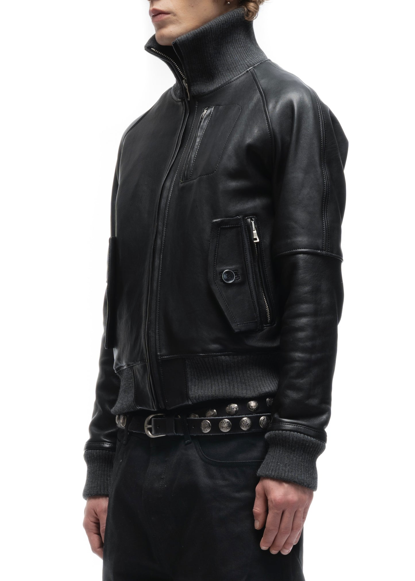 BIKER HIGH COLLAR ZIP LEATHER JACKET