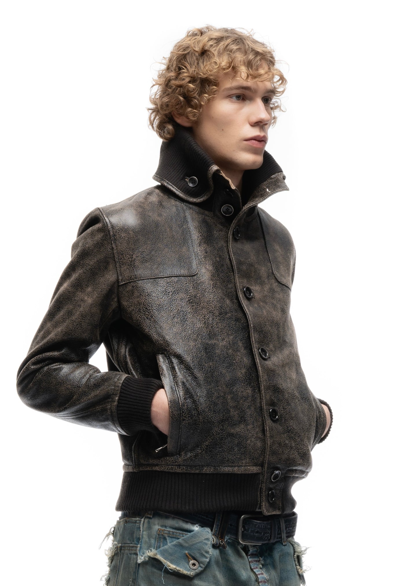COLLAR UP BUTTON LEATHER JACKET CRACKED USED