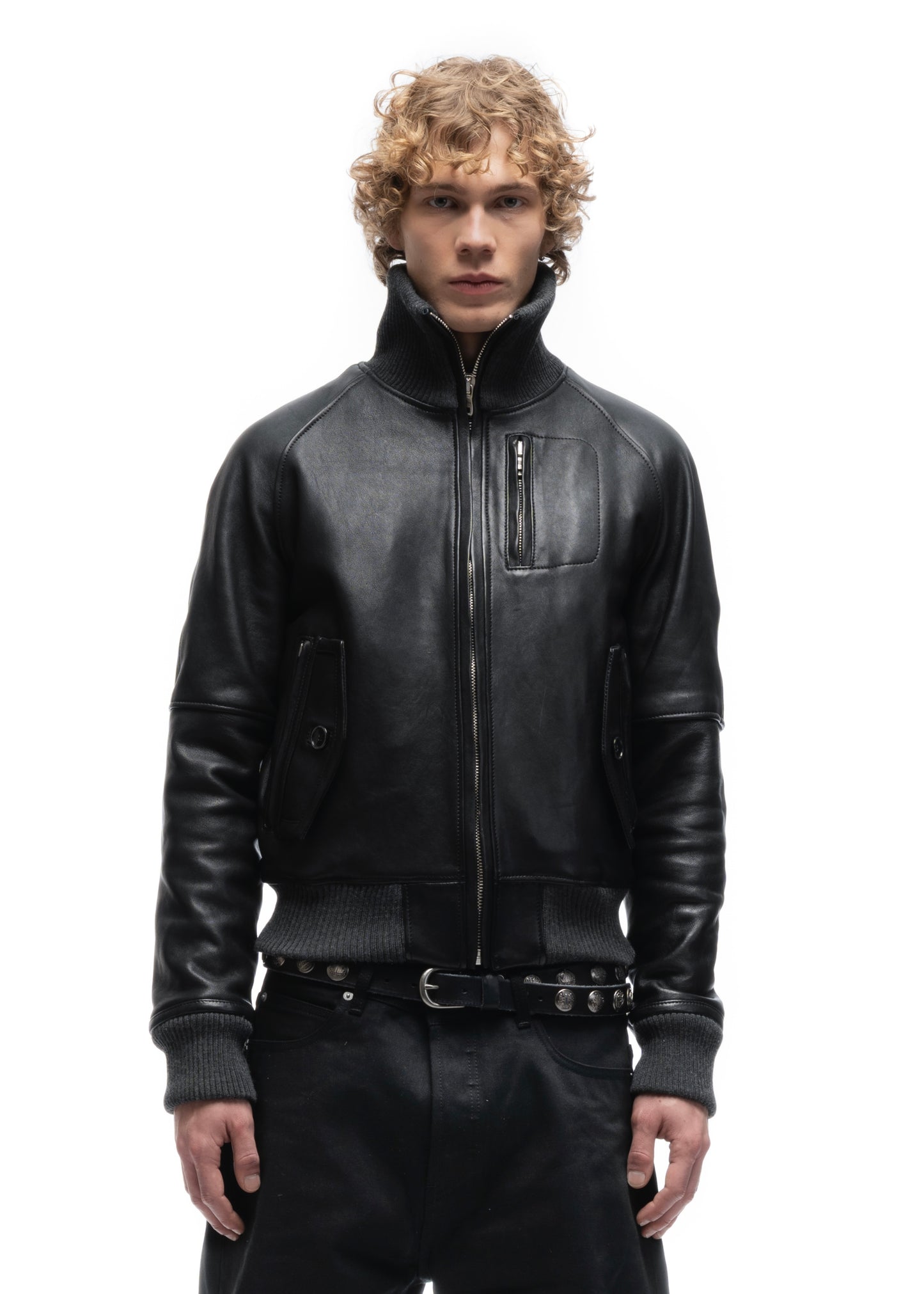 BIKER HIGH COLLAR ZIP LEATHER JACKET