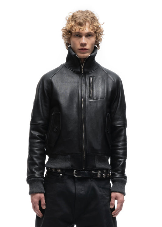 BIKER HIGH COLLAR ZIP LEATHER JACKET