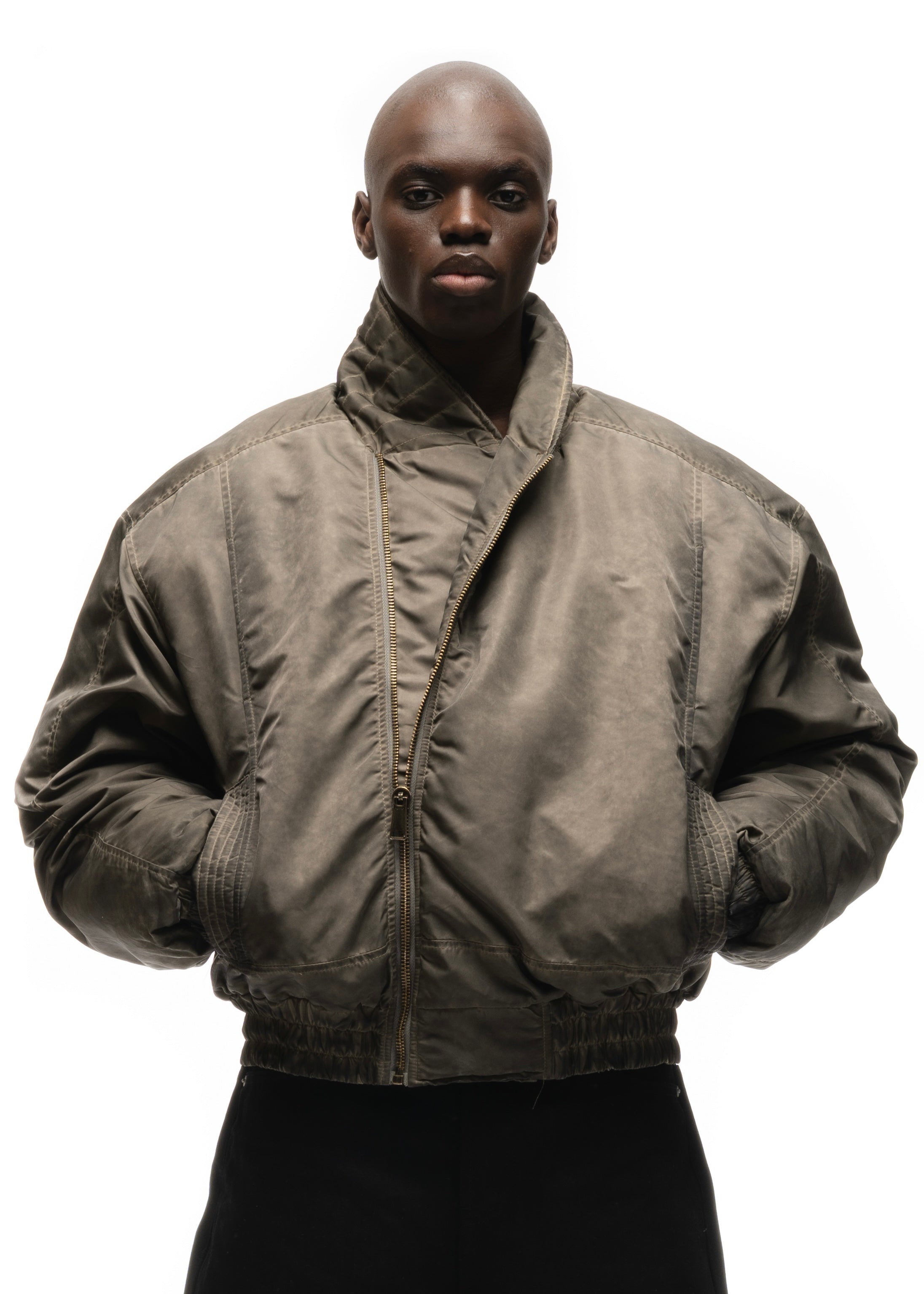 ASYMMETRICAL ZIP BOMBER JACKET USED BEIGE – NO/FAITH STUDIOS