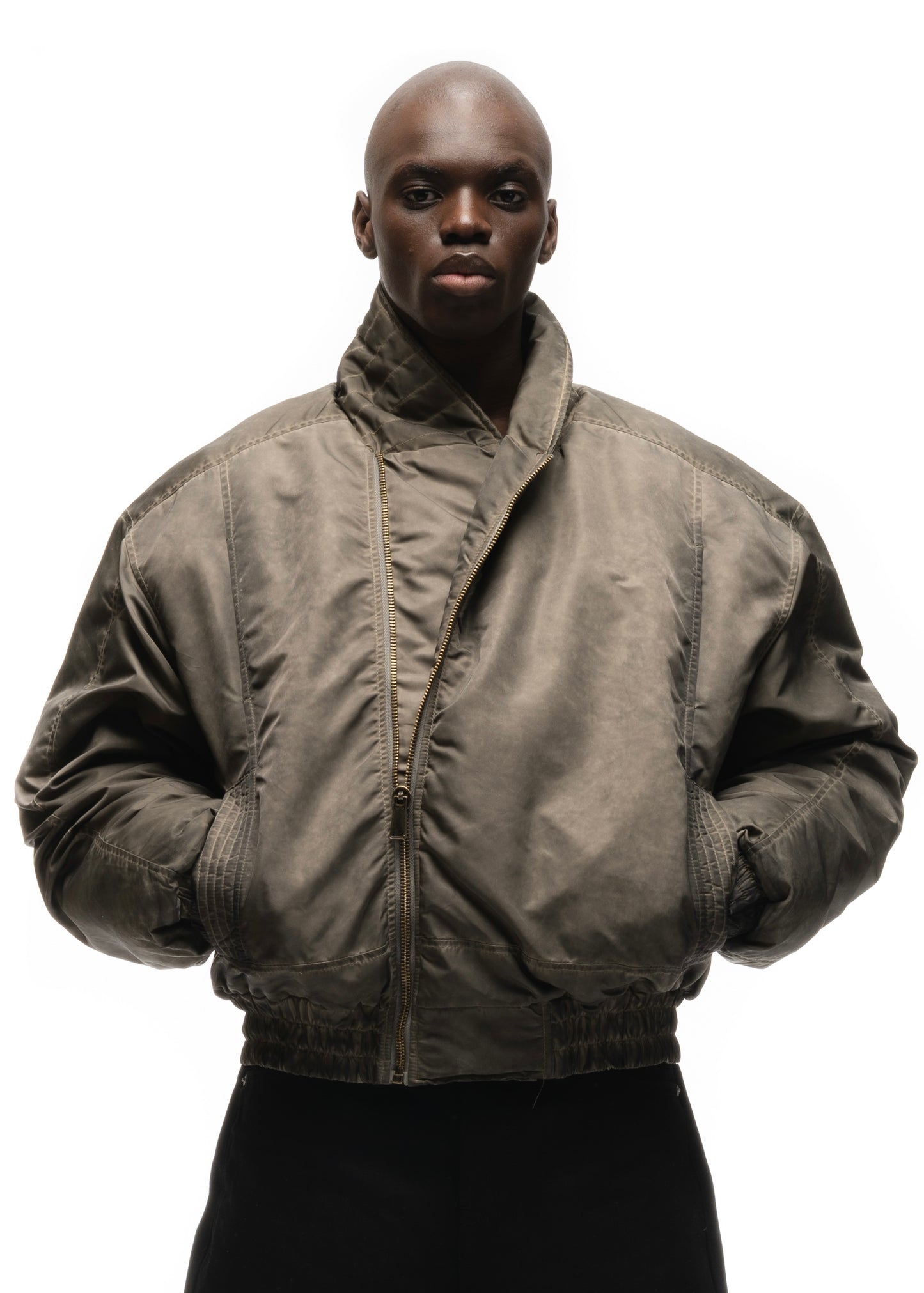 ASYMMETRICAL ZIP BOMBER JACKET USED BEIGE