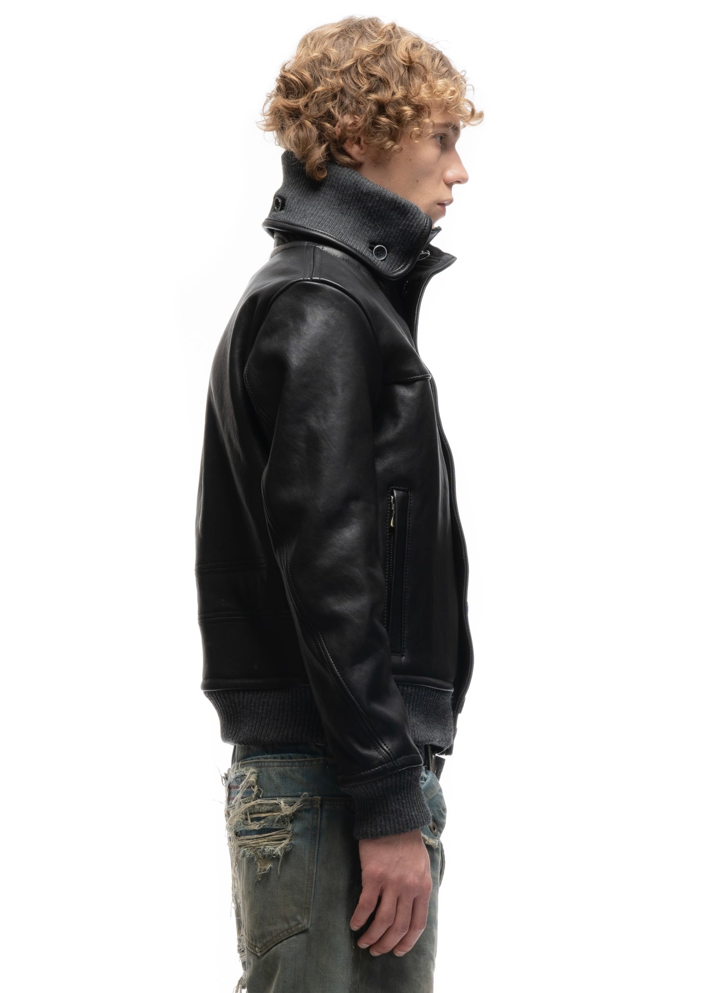 COLLAR UP BUTTON LEATHER JACKET BLACK