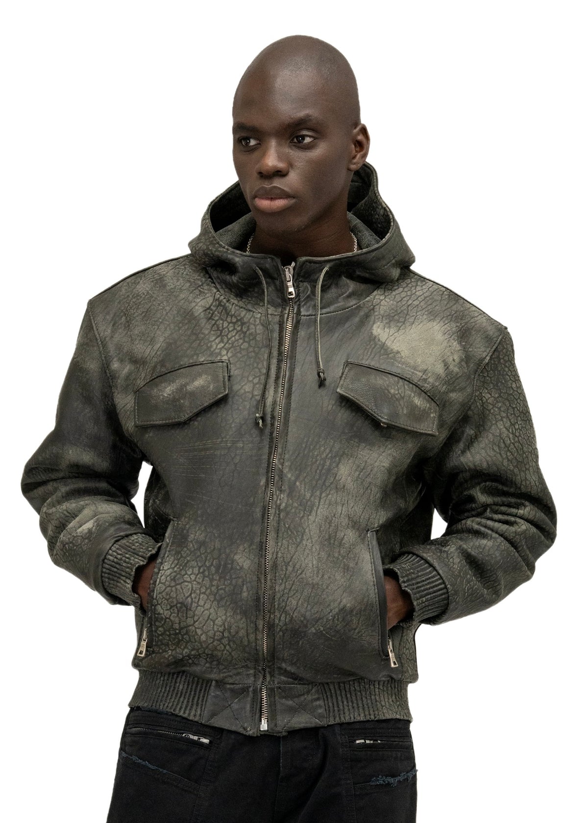 SCAR HOOD LEATHER JACKET GREEN
