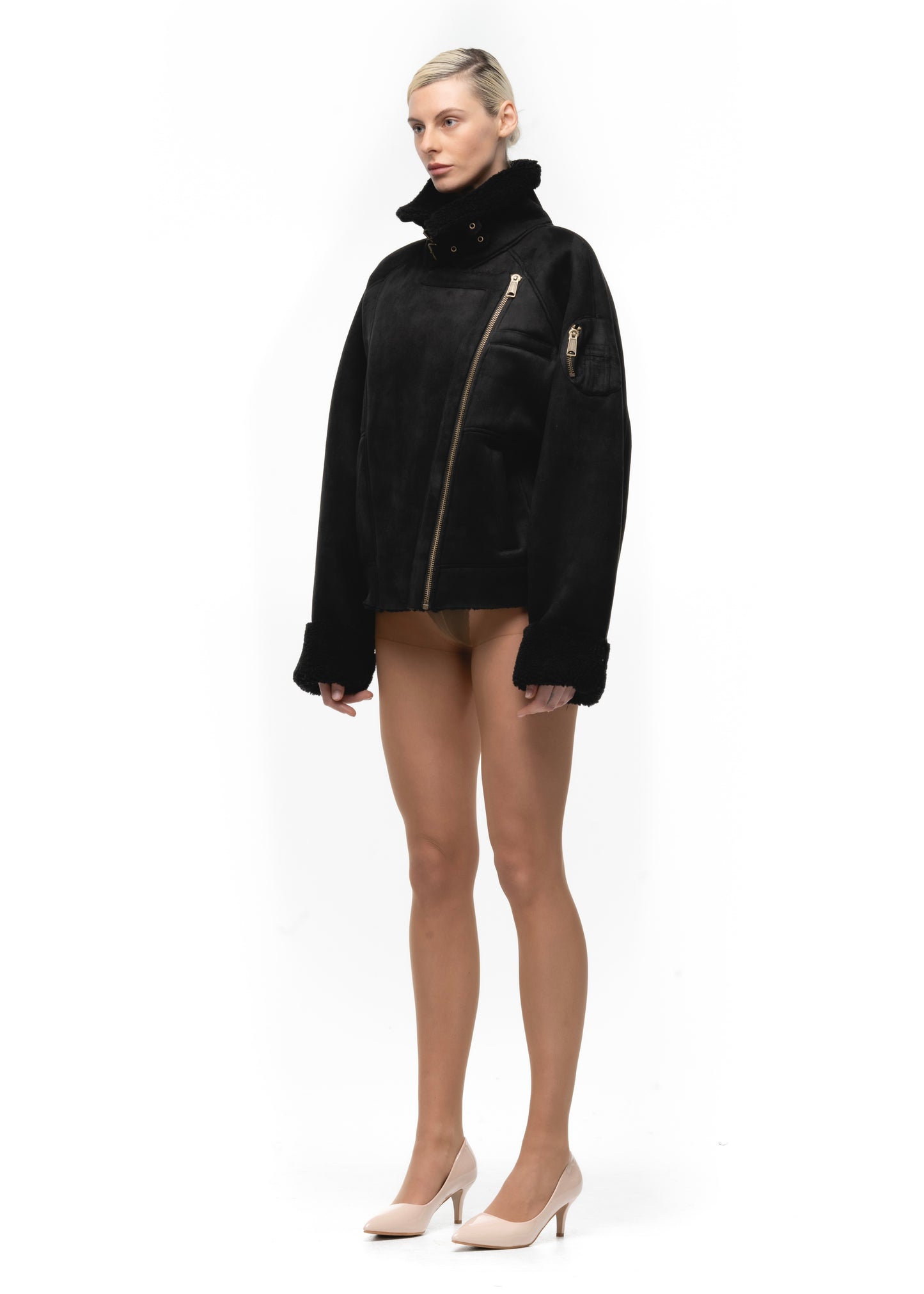 HEAVY FLIGHT SHEARLING JACKET BLACK WOMEN'S CUT