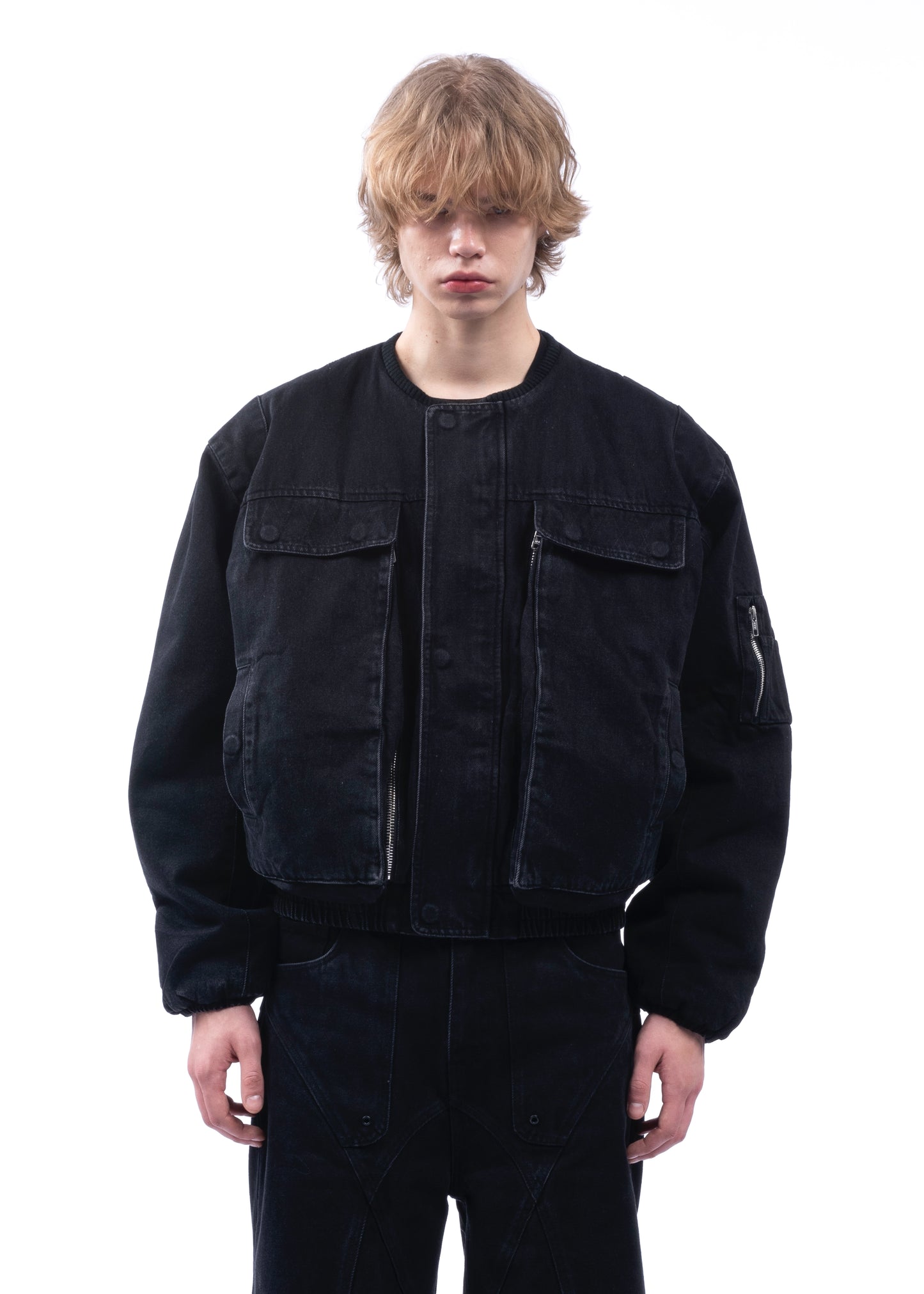 DENIM REMOVABLE SHOULDER BOMBER BLACK