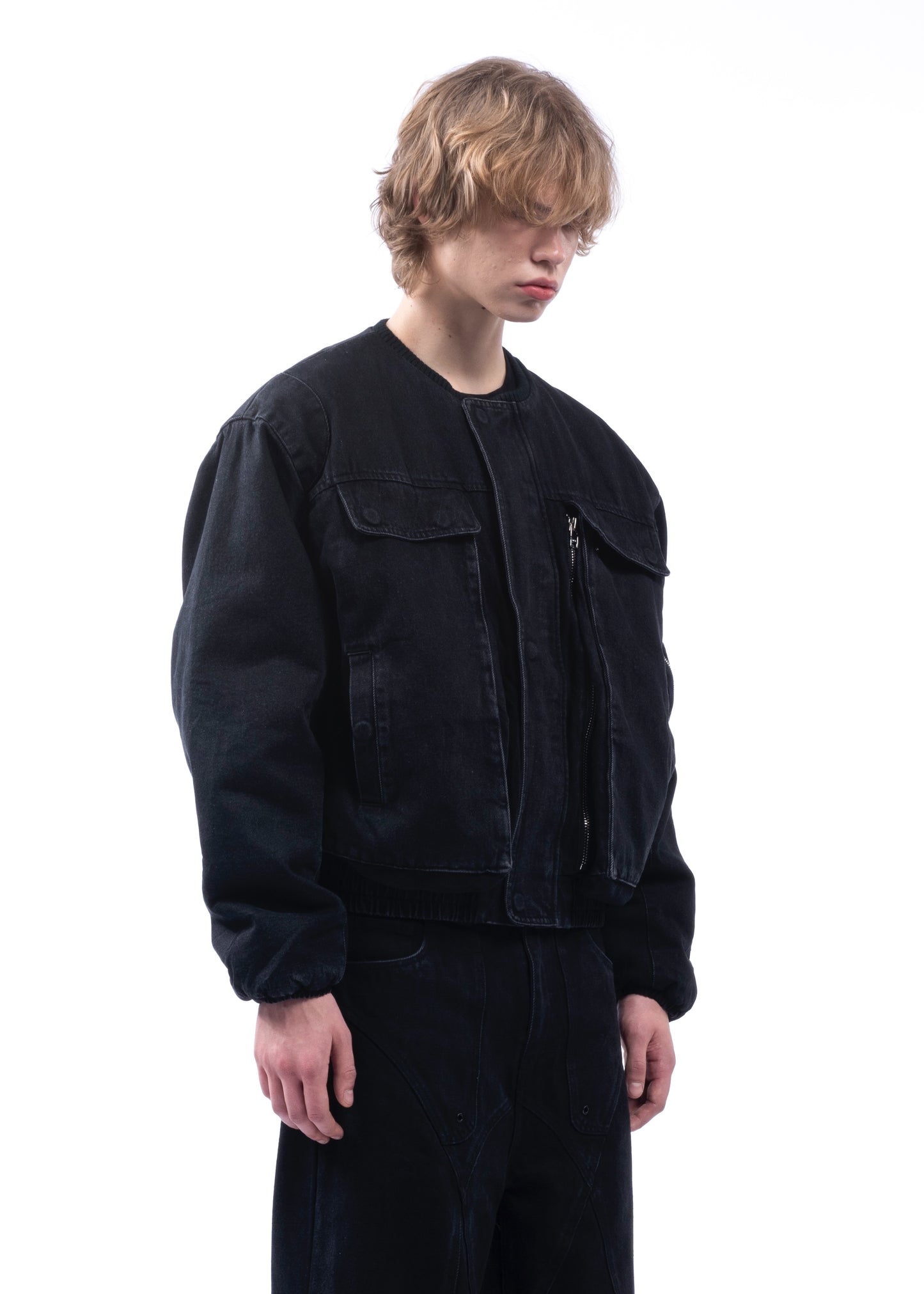 DENIM REMOVABLE SHOULDER BOMBER BLACK