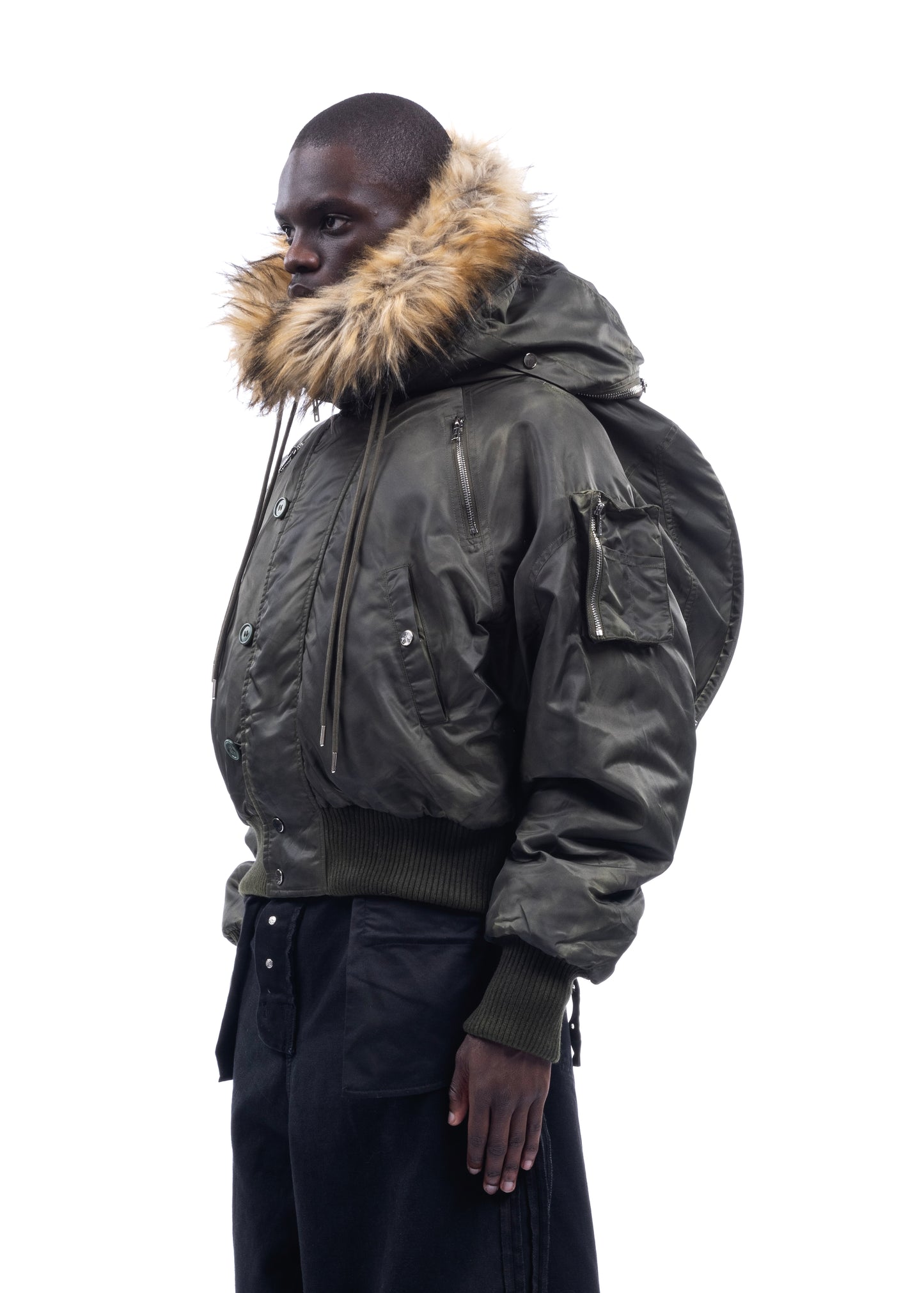 NYLON FUR  BACKPACK HOOD BOMBER