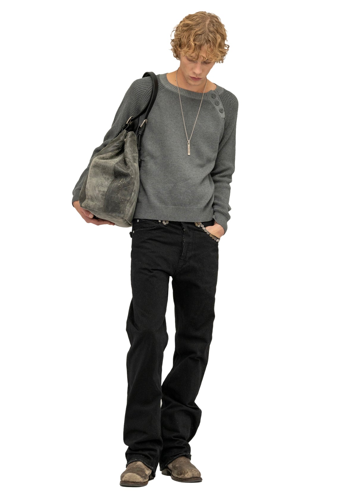 BUTTON KNIT CREWNECK GREY