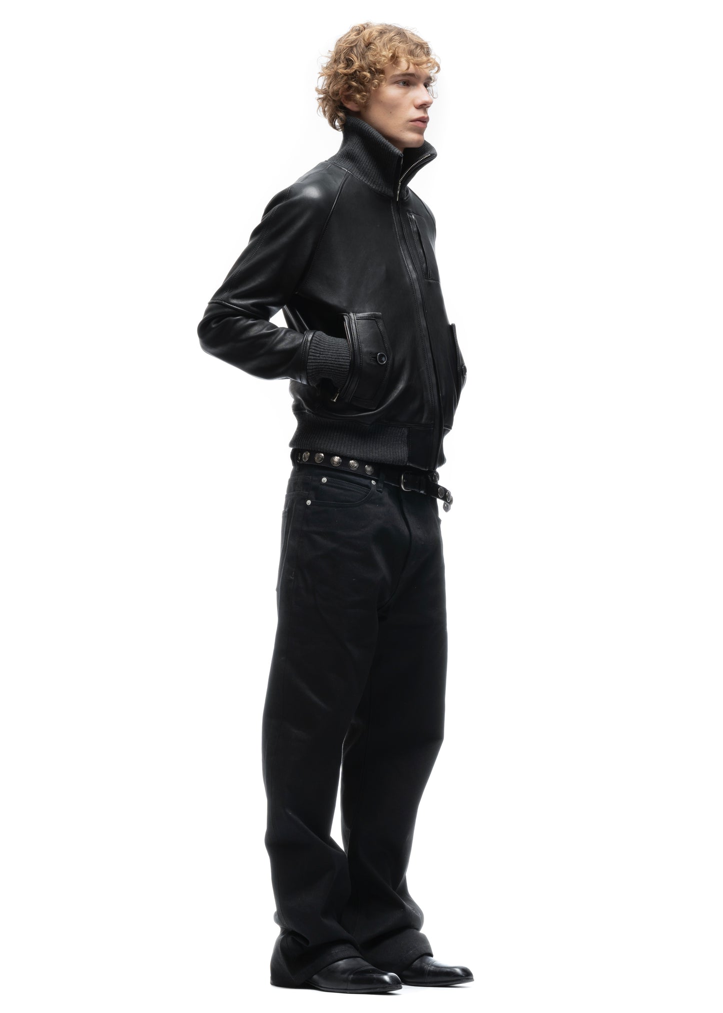 BIKER HIGH COLLAR ZIP LEATHER JACKET