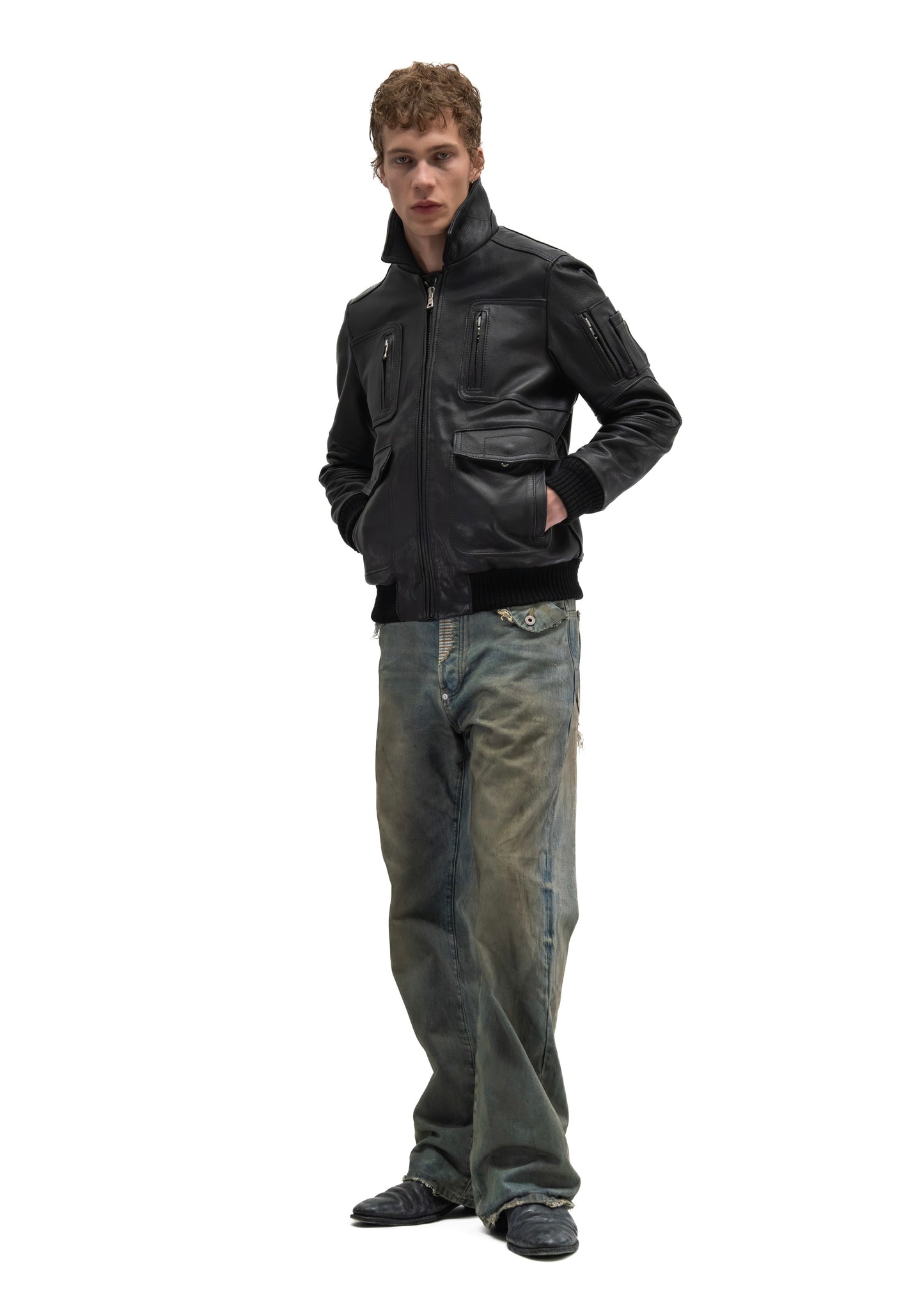 AVIATOR FUR LEATHER JACKET BLACK