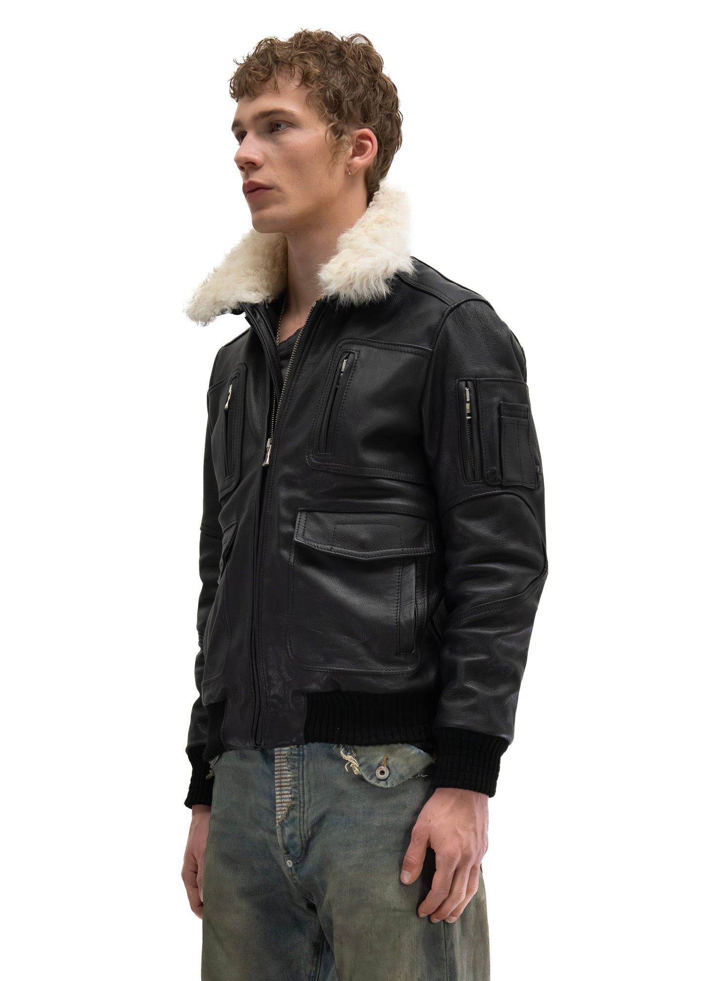 AVIATOR FUR LEATHER JACKET BLACK