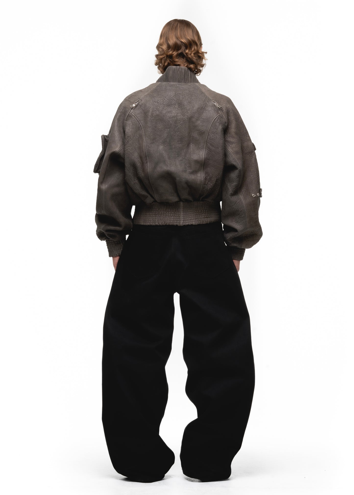 GREY DRIED CONCRETE LEATHER BOMBER