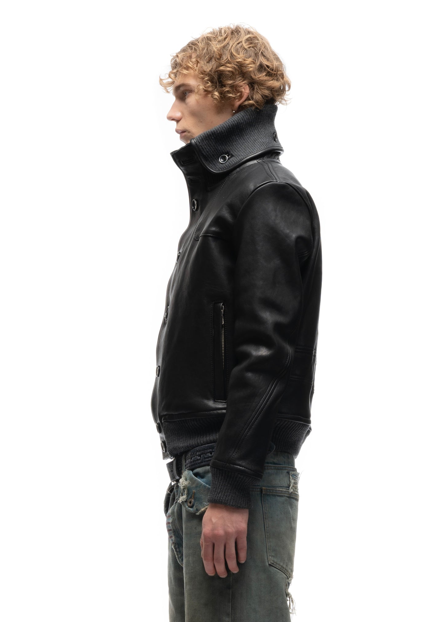 COLLAR UP BUTTON LEATHER JACKET BLACK