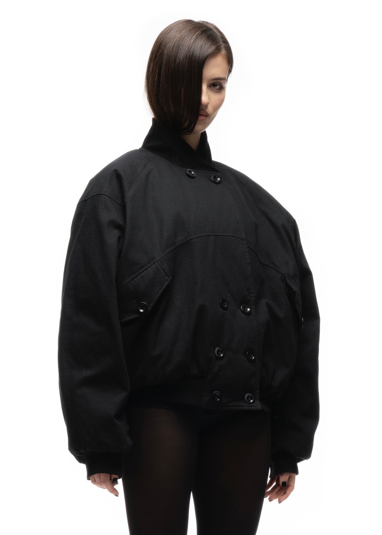 DOUBLE BUTTON BOMBER JACKET STRUCTURED BLACK FEMALE