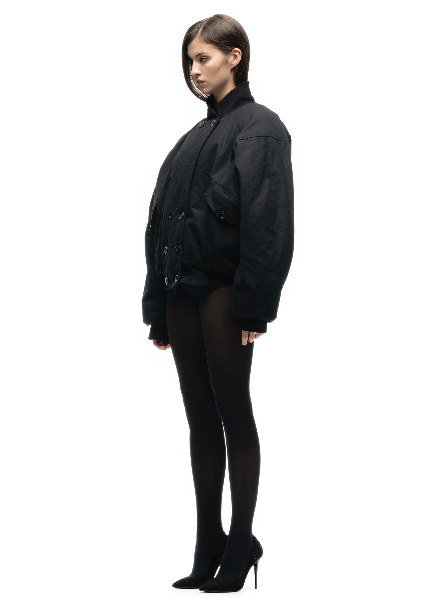 DOUBLE BUTTON BOMBER JACKET STRUCTURED BLACK FEMALE