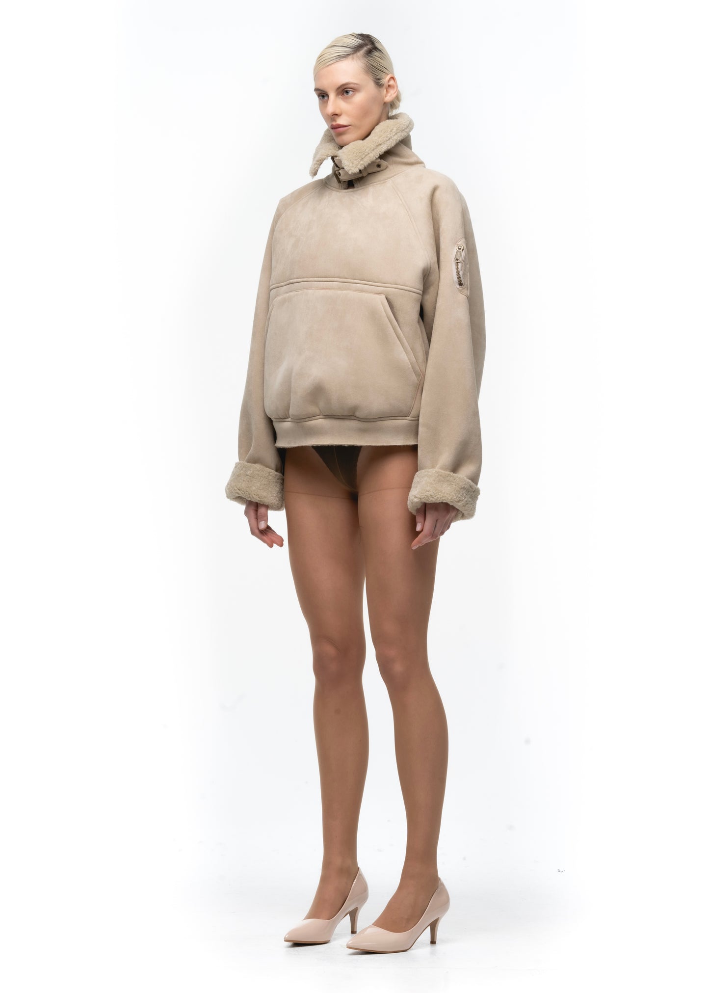 HEAVY FLIGHT SHEARLING HOODIE BEIGE WOMEN'S CUT