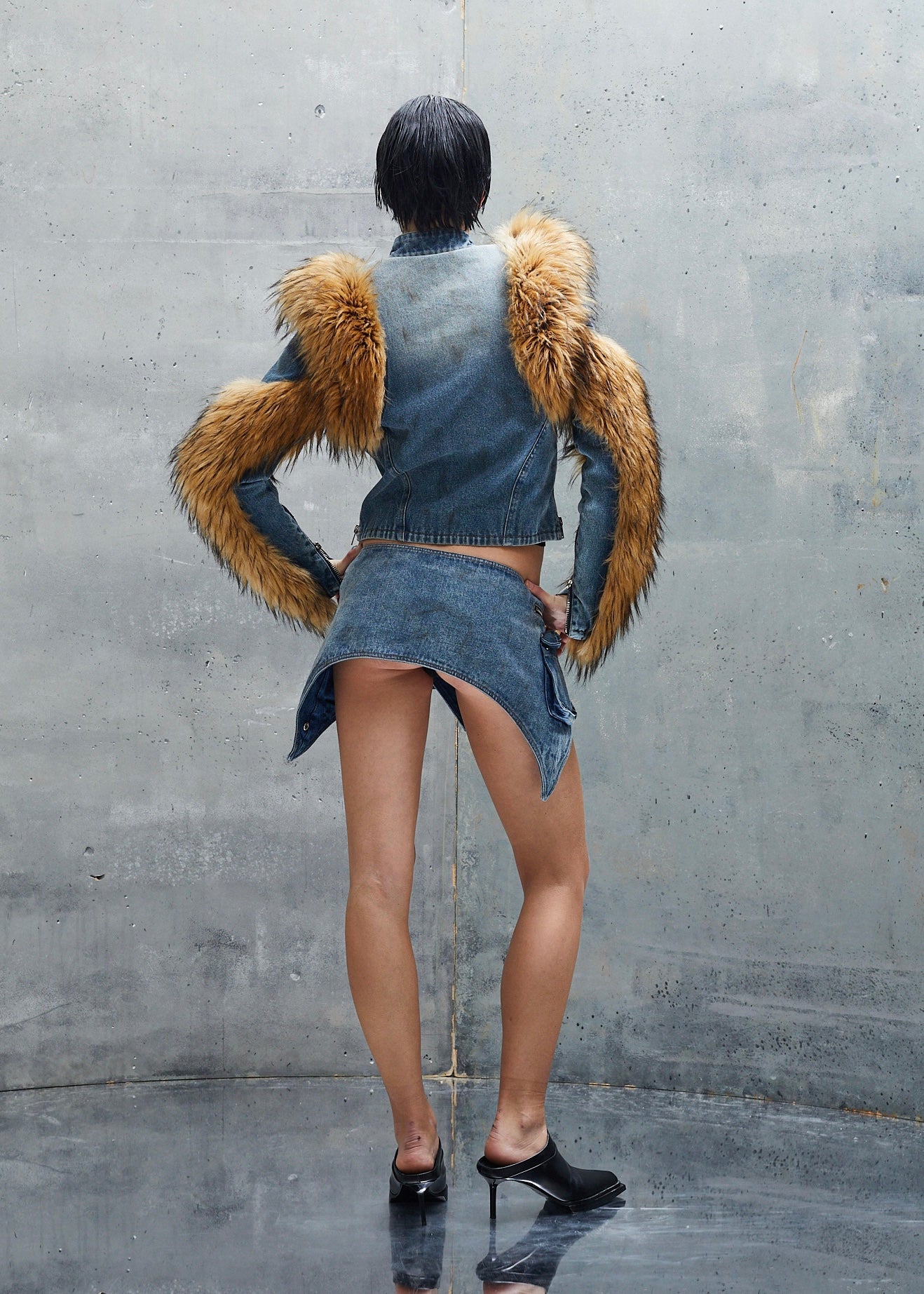 DENIM FUR ZIP JACKET UNISEX