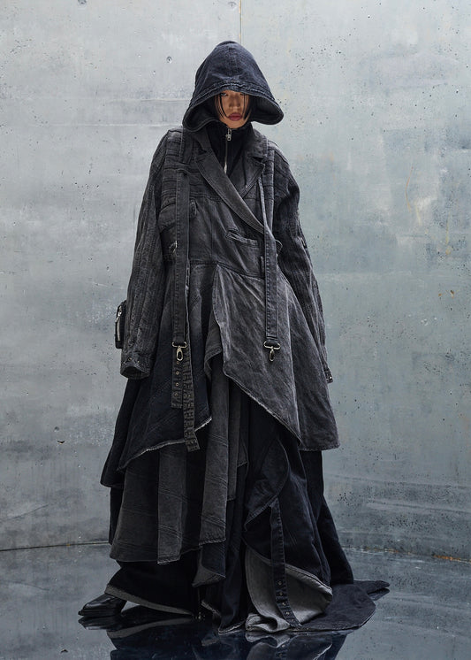 HEAVY FADED BLACK WAVE LAYERING DENIM COAT