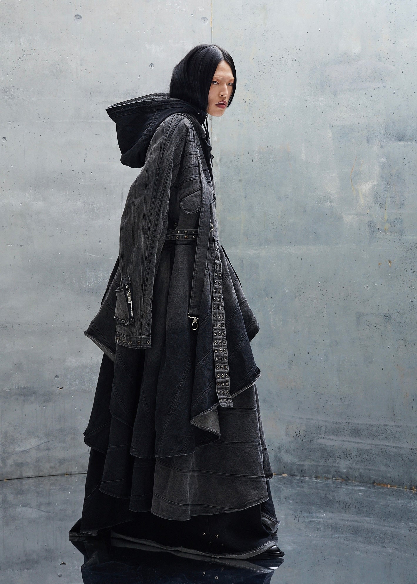 HEAVY FADED BLACK WAVE LAYERING DENIM COAT